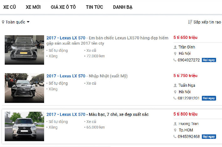 Cụ thể, trên thị trường xe cũ hiện nay những chiếc Lexus LX 570 đã qua sử dụng đời 2017 được chào bán với giá từ 5,650 - 5,750 tỷ đồng, ODO loanh quanh hơn 7 vạn km. Tại thời điểm mở bán mới vào năm 2017, giá xe Lexus LX 570 chính hãng được niêm yết ở mức 7,81 tỷ đồng.