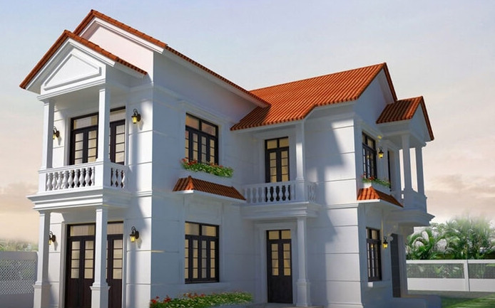 Mẫu nhà 2 tầng chữ L là lựa chọn phù hợp với những gia chủ có kinh phí eo hẹp. Nhà sử dụng gam màu trắng chủ đạo với điểm nhấn là các mảng mái ốp gạch đỏ cùng bồn hoa. Ảnh: Stdecor