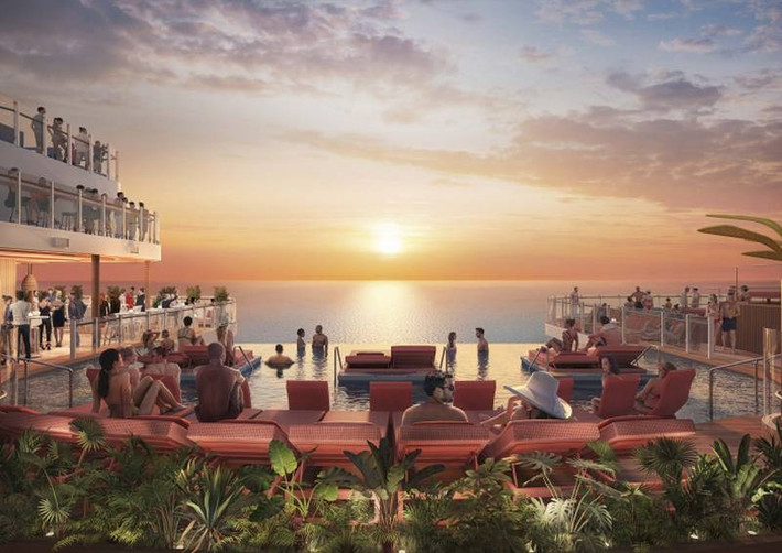 Câu lạc bộ bãi biển Hideaway có bể bơi vô cực lơ lửng đầu tiên trên biển. Ảnh: Thenationalnews