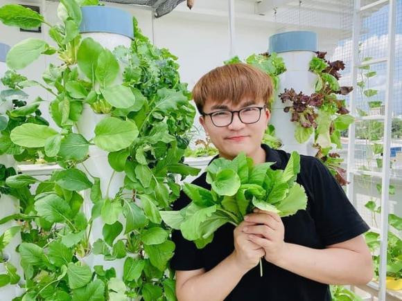 Trên sân thượng, anh trồng nhiều rau sạch phục vụ bữa ăn hàng ngày.