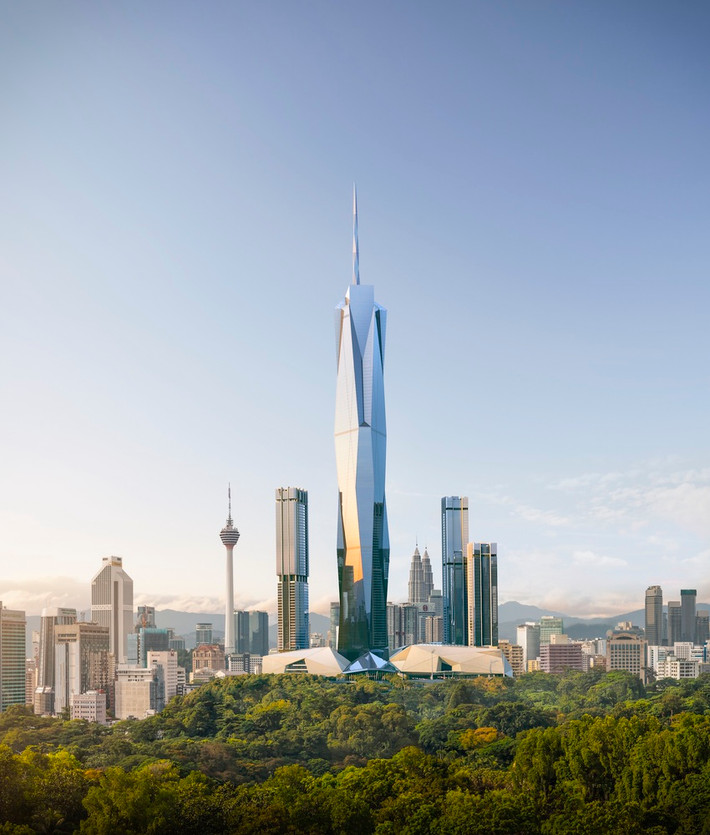 Tại trung tâm thành phố Kuala Lumpur (Malaysia), Merdeka 118 đạt đỉnh cao 678,9 mét và 118 tầng, trở thành tòa nhà cao thứ hai trên thế giới. Dự án có mặt tiền bằng kính nhiều mặt hình tam giác lấy cảm hứng từ các họa tiết tìm thấy trong nghệ thuật Malaysia. Ảnh: Archdaily