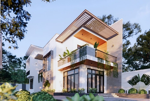 Nhà 2 tầng mang phong cách đương đại với mái bằng và gam màu trắng tinh tế tạo nét đẹp thanh lịch. Ảnh: Wedo