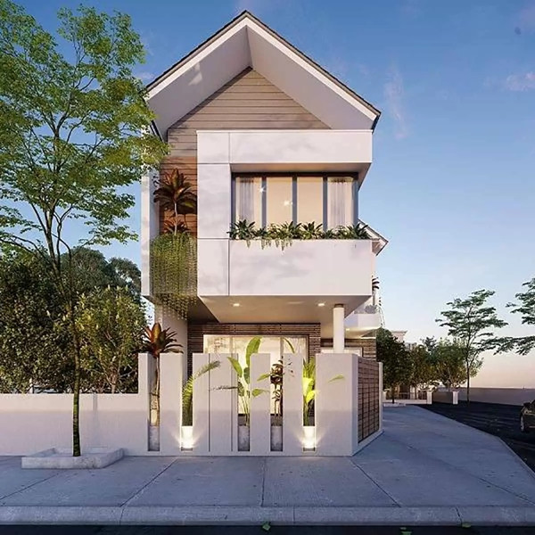 Mẫu nhà mái thái thiết kế hiện đại tối giản, chú trọng đến việc tạo không gian mở và sử dụng vật liệu bền vững. Cửa gỗ và ban công phủ cây xanh giúp ngôi nhà luôn mát mẻ. Ảnh: Wedo