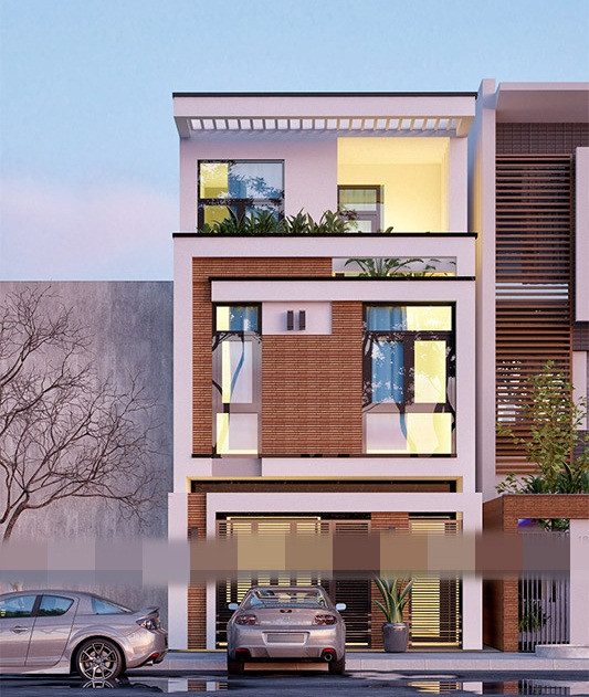 Sự phối hợp khéo léo của mảng gạch trang trí đầy nghệ thuật và màu nâu trầm cổ điển tạo điểm nhấn cho mặt tiền. Ảnh: Housevn.