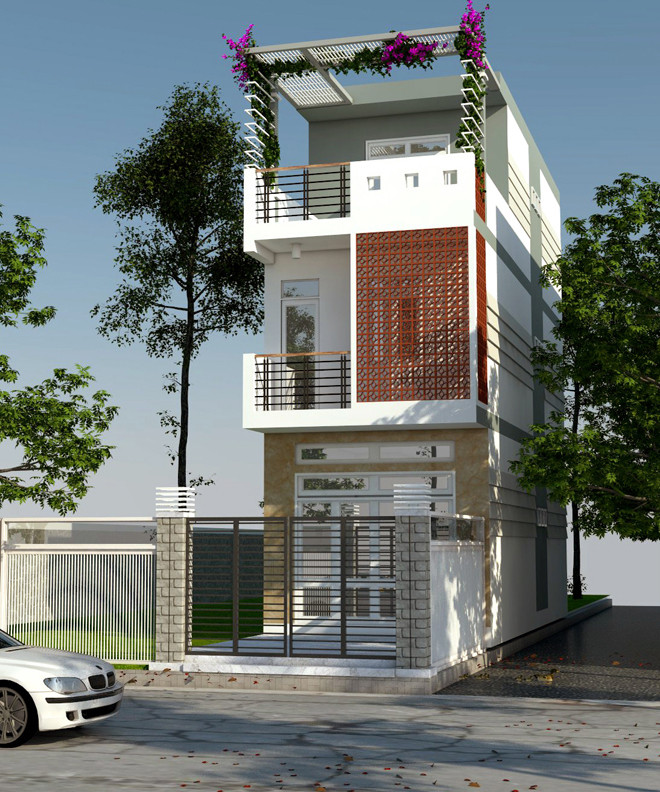 Nhà 4 tầng bố trí tầng một chừa sân trước 5m để trồng cây, sân sau 1m cho nhà thông thoáng. Ảnh: Kienthietviet.