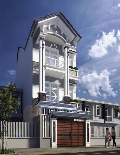 Nhà ống mái thái nổi bật với cánh cổng đẹp kiêu sa. Nguồn ảnh: Xaynhasaigon.