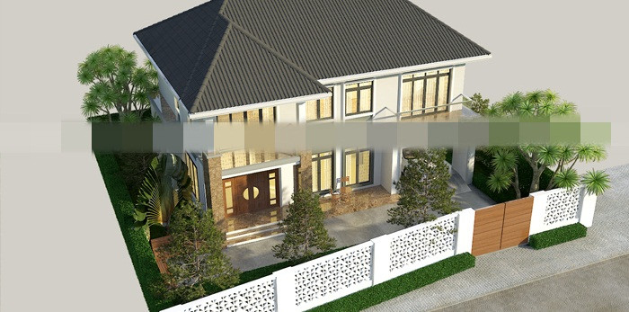 Mẫu nhà 2 tầng mái ngói xám hài hòa với màu sơn của tường cùng lối kiến trúc tân cổ điển tạo nét độc đáo riêng. Ảnh: Maunhadep902.