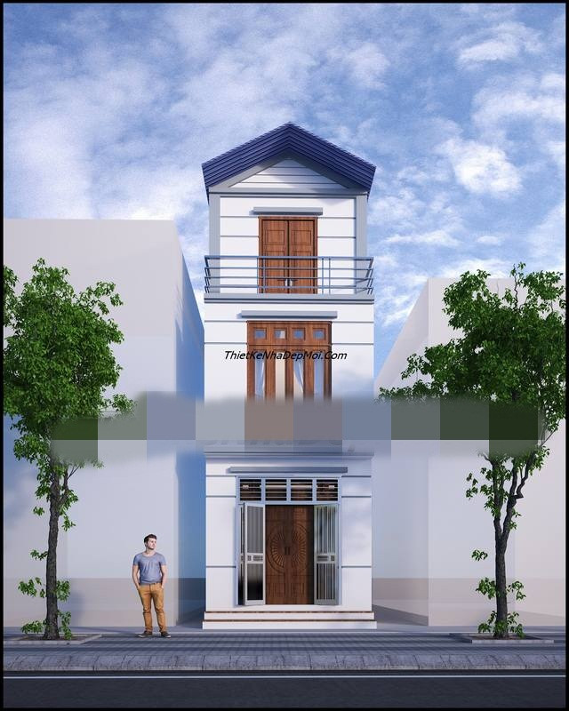 Trên diện tích 40m2, ngôi nhà 3 tầng thiết kế mái dốc về 2 bên kiểu thái lợp tôn để tối ưu chi phí xây dựng. Ảnh: Thietkenhadepmoi.