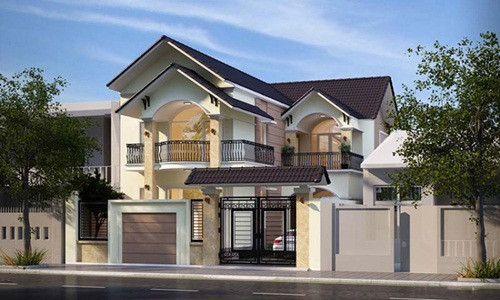 Nhà mái thái 2 tầng tân cổ điển có sân rộng để ô tô. Cổng mái thái vừa mang kiến trúc truyền thống vừa giúp công trình trở nên hoành tráng mà không lạc nhịp. Ảnh: Arcviet.