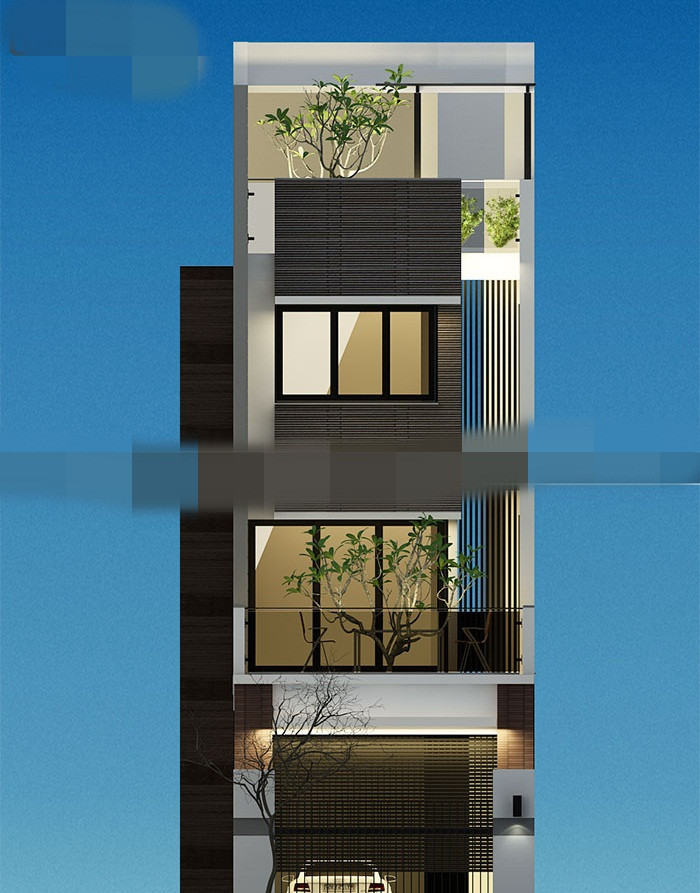 Nhà lô phố 4 tầng sang trọng với khu vực gara để xe ở sân trước rộng thoáng. Ảnh: Thietkenhasvg.