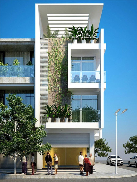 Ngôi nhà xây mái bằng, sân thượng trồng rau, phía trước mặt tiền là giàn hoa đẹp mắt. Ảnh: Internet.