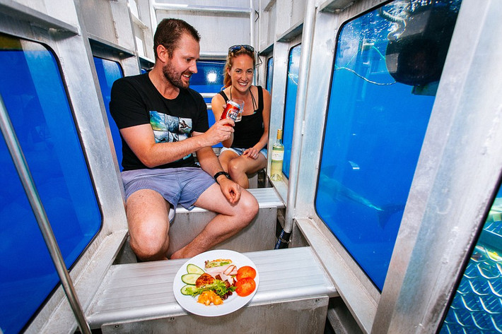 Buồng lặn Aqua Sub có đủ chỗ cho 6 người, nên bạn và những người thân có thể vừa ăn cùng nhau vừa ngắm cá mập bơi xung quanh.