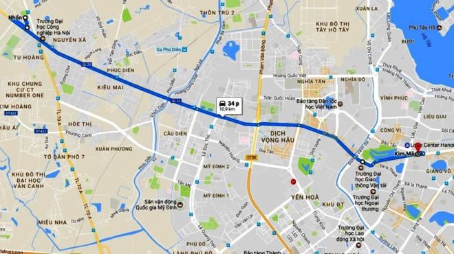Tuyến chạy dọc theo trục đường Cầu Diễn - Hồ Tùng Mậu - Xuân Thủy - Cầu Giấy - Kim Mã và xuống đi ngầm tại khu vực đường Ngọc Khánh - Cát Linh - Quốc Tử Giám và kết thúc trước cửa ga Hà Nội. Lộ trình tuyến metro Nhổn - Ga Hà Nội. Ảnh: Google Maps.
