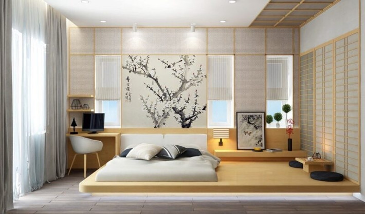 Phòng ngủ của người Nhật thường theo hình dáng hình học, kết hợp giường trệt làm bằng gỗ đơn giản và thấp sẽ giúp căn phòng nhìn rộng và thoáng hơn. Ảnh: ifurniture