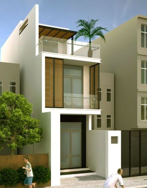 Mặt đứng chính ngôi nhà thiết kế đơn giản với cửa và vách kính lớn. Tầng 2 bố trí các lam gỗ vừa trang trí vừa che nắng. Ảnh: Blogxaydung.