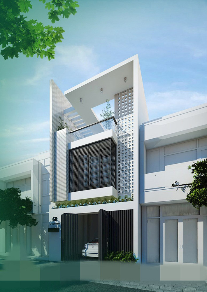 Nhà phố nổi bật với gam màu trắng chủ đạo và các chi tiết trang trí lạ mắt. Ảnh: Thietkenhahanoi.