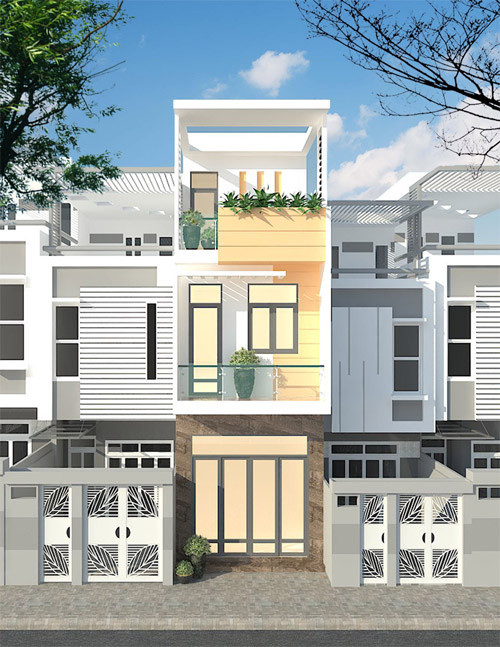 Nhà ống đẹp trang nhã với gam màu vàng tươi mới. Tầng thượng thiết kế trồng cây xanh tạo vẻ hài hòa và mát mẻ. Ảnh: Nhadepktv.