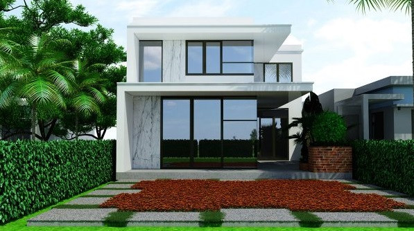 Toàn bộ mặt tiền sử dụng cửa nhôm kính, có trang trí thêm một chút đá granite trắng tạo nét chấm phá cho ngôi nhà. Ảnh: Thietkethicongnhadep.