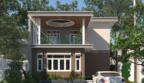 Biệt thự 2 tầng mái bằng đơn giản, sử dụng tông màu nâu chủ đạo. Ảnh: Thietkethicongnhadep.