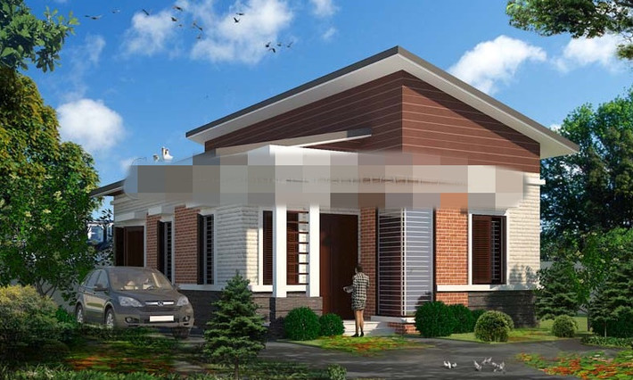 Nhà mái dốc lệch sử dụng các loại vật liệu hiện đại, gạch ốp tường màu đỏ gạch và màu trắng ngà tinh tế. Ảnh: Sieuthimaunha.