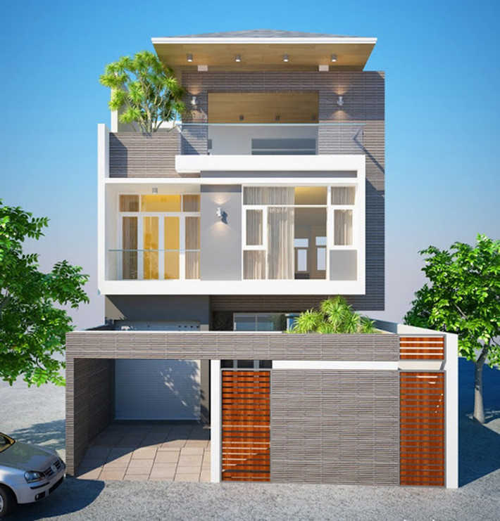 Biệt thự 2 tầng nổi bật với phần ban công nhô ra bên ngoài như được bao trong một chiếc hộp chữ nhật viền trắng. Ảnh: Arcviet.
