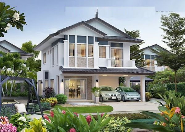 Biệt thự 2 tầng mái thái có thiết kế gara để xe phù hợp với nhu cầu của cuộc sống hiện đại. Ảnh: Kientrucsuvietnam.