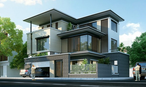 Dù là mái bằng nhưng biệt thự vẫn mang nhiều nét đẹp hiện đại ở hệ thống cửa kính, gạch ốp ngoài mặt tiền. Ảnh: Thietkenoithat.