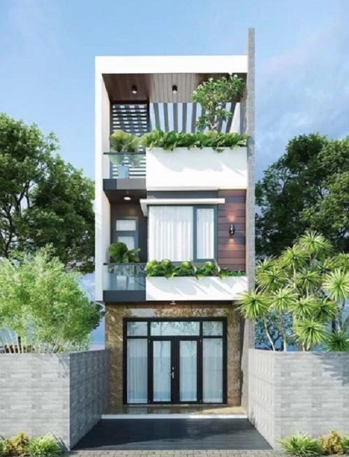 Nhà ống mặt tiền 4m ốp thêm các loại đá giả gỗ nhằm tạo sự gần gũi, chống được bụi và sạch sẽ hơn. Ảnh: Thietkenhadepmoi.
