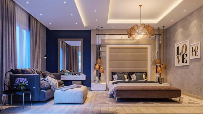 Phòng ngủ lung linh với một bên là gam màu sáng ấm áp, một bên là gam màu lạnh dịu mát. Ảnh: House.
