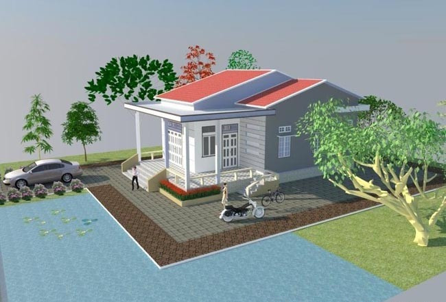 Mẫu nhà cấp 4 này được thiết kế 2 cửa chính đi vào. Ảnh: Thietkethicongnhadep.