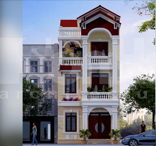 Nhà phố mái ngói 3 tầng kiến trúc Pháp hút mắt bởi cách phối màu nổi bật và hài hòa. Ảnh: Xaydungsonha.