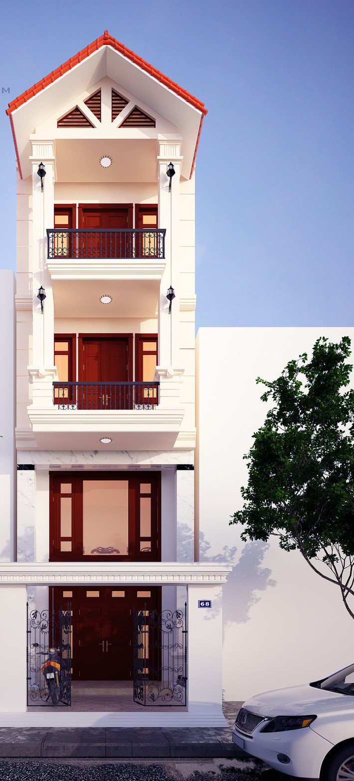 Nét giản dị của ngôi nhà được thể hiện ở mái ngói đỏ và cửa gỗ kính truyền thống. Ảnh: Xaydungvugia.