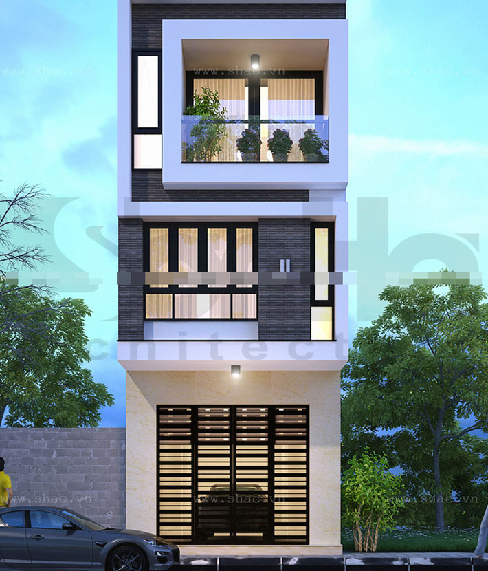 Đây là mẫu nhà ống 3 tầng lệch gồm 1 phòng khách, nhà ăn và phòng bếp, cùng 2 phòng ngủ, hệ thống nhà vệ sinh, 1 sân phơi và 1 phòng thờ. Ảnh: Shac.