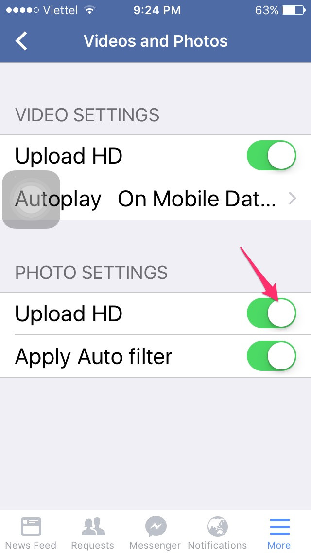 Nếu không yêu cầu quá cao về hình ảnh hoặc video upload, người dùng nên tắt chức năng tải ảnh và video chuẩn HD. Việc làm tuy đơn giản nhưng cũng giúp bạn tiết kiệm kha khá dung lượng 3G. Ảnh: Topthuthuat.