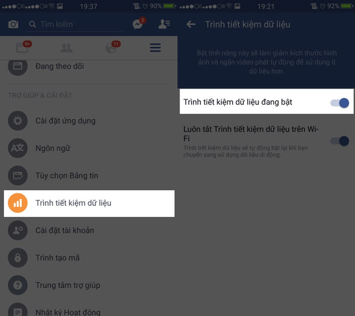 Facebook có tích hợp sẵn chức năng tiết kiệm dữ liệu tối đa cho người dùng. Tính năng này sẽ tự động cắt giảm chất lượng hình ảnh và video tải xuống. Thao tác cực kỳ đơn giản, chỉ cần vào Menu > Trình tiết kiệm dữ liệu và bật lên. Ảnh: Thegioididong.