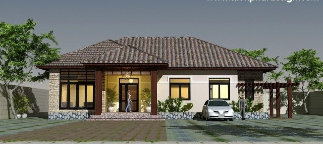 Mái ngói đỏ socola trông rất mạnh mẽ. Cột trang trí bằng gỗ màu nâu sẫm được thiết kế ngay cửa chính. Ảnh: Kienphatdesign.