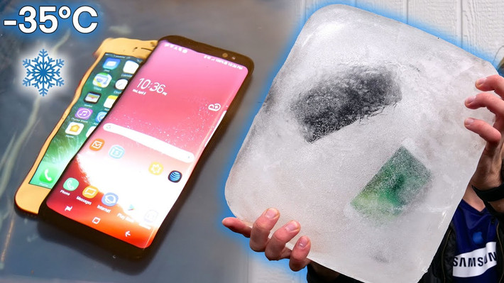 Samsung Galaxy S8 đọ sức với iPhone 7 dưới cái lạnh đóng băng -350C. Ảnh: Youtube.