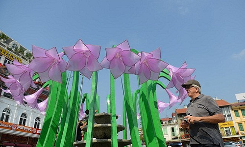 Vài ngày trước, đài phun nước ở Quảng trường Đông Kinh Nghĩa Thục (Hoàn Kiếm, Hà Nội) được lắp đặt 20 bông hoa cuống xanh cánh tím, cao khoảng 4 mét.