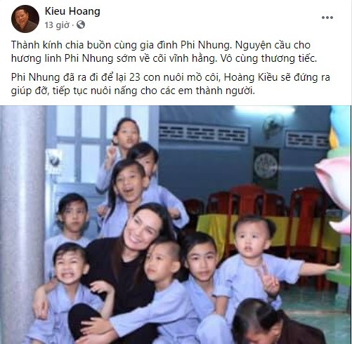 Tối 28/9, tỷ phú Hoàng Kiều gửi lời tiễn biệt đến ca sĩ Phi Nhung và thông báo sẽ nhận trách nhiệm hỗ trợ nuôi dưỡng 23 người con nuôi của cố ca sĩ. Ảnh chụp màn hình