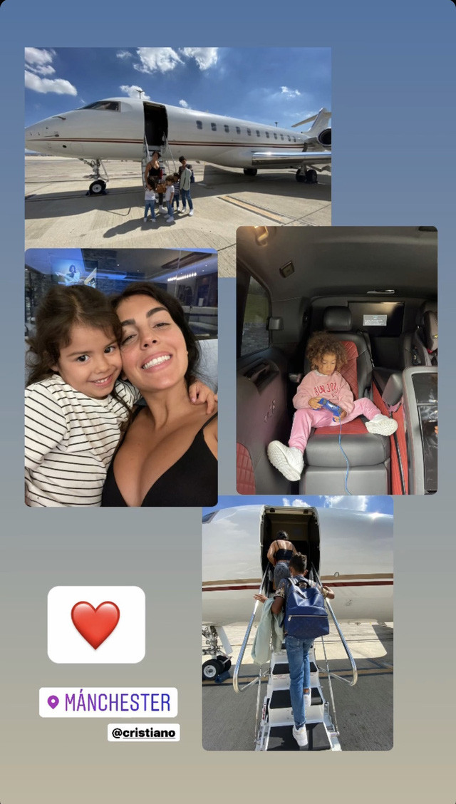 Khuya ngày 3/9 (giờ Việt Nam), Georgina Rodriguez - bạn gái của Ronaldo đăng tải hình ảnh sau khi hạ cánh xuống Manchester cùng các con. Đáng chú ý, bạn gái Ronaldo sử dụng chiếc máy bay cá nhân Bombardier Global 5000 thay cho chiếc Gulfstream G200 thường dùng. Ảnh chụp màn hình