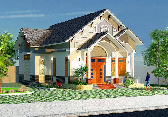 Nhà cấp 4 mái thái phong cách Châu Âu nổi bật với khối kiến trúc cao lớn, tường dày và vuông vức. Ảnh: Kitos