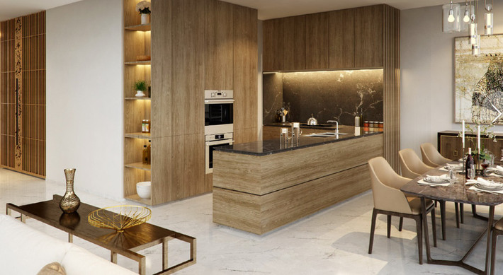 Khu bếp sang trọng, với nhiều vật dụng được thiết kế bằng gỗ, mang đến cảm giác ấm cúng.