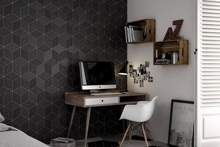 Góc làm việc cá tính với gạch ốp đen - ghi. Ảnh: Homify.