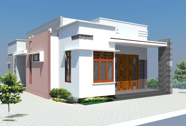 Mẫu nhà cấp 4 mái bằng sử dụng đá ốp lát trang trí. Cửa sổ và cửa đi được thiết kế cửa gỗ pano kính. Ảnh: Thietkethicongnhadep.