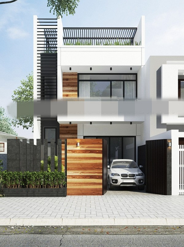 Nhà 2 tầng mái bằng đẹp hiện đại, sử dụng tông màu trắng, đen và xám. Ảnh: Kientrucnhaviet.