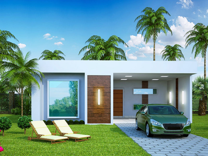 Nhà mái bằng kiểu biệt thự mini đơn giản mà tinh tế nhờ chất liệu sơn giả gỗ. Ảnh: Angcovat.