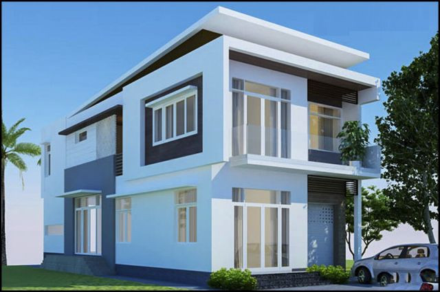 Nhà phố 2 tầng mang phong cách hiện đại với cây xanh lớn bên cạnh. Ảnh: Kientrucnhapho.