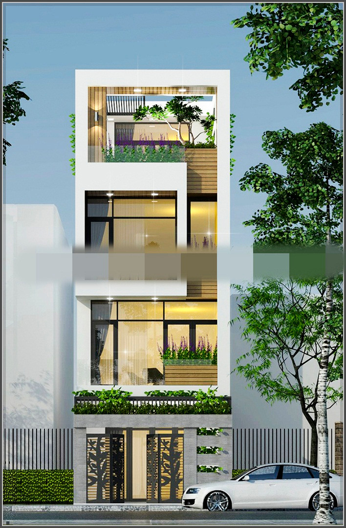 Mẫu nhà phố hiện đại với không gian sống thông thoáng, mặt tiền trẻ trung, hình khối mạnh mẽ, chắc chắn. Ảnh: Nhalouis.