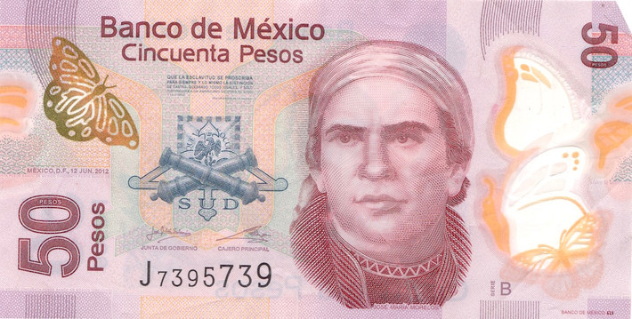 Đồng 50 peso của Mexico làm từ polymer ép thành lớp, đồng thời có thể đổi màu ở góc độ khác nhau. Ảnh: Wiki.