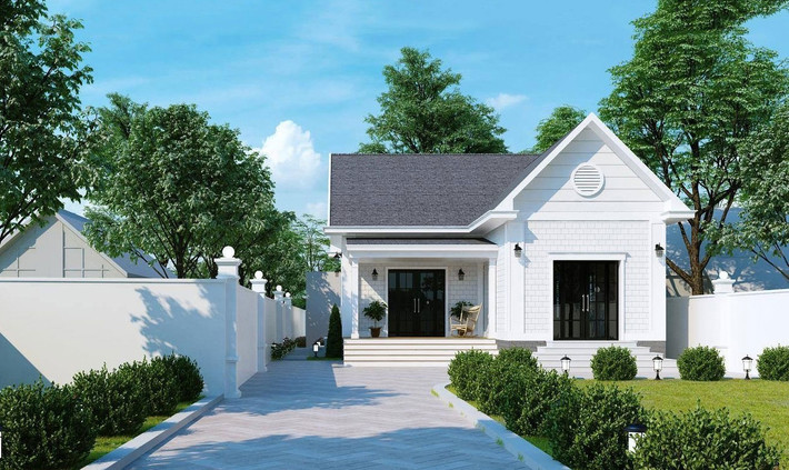 Mẫu nhà vườn 1 tầng hình chữ L có diện tích 100m2 phổ biến ở các vùng nông thôn. Ảnh: Thietkethicongnhadep.